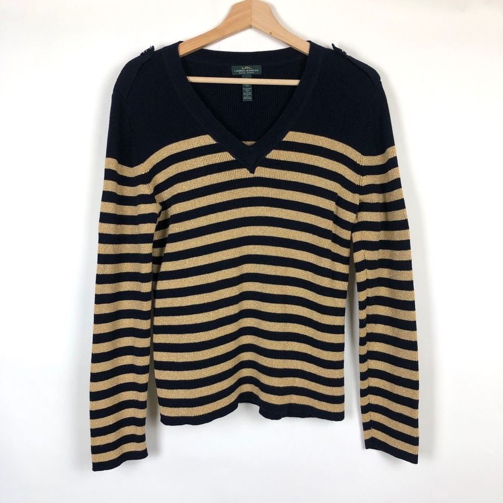 Lauren Jeans Co. Women's Tan Striped Pullover Long Sleeve Sweater Size Large